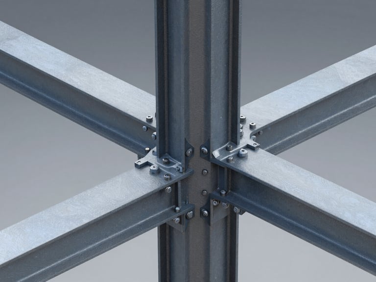 A high-resolution 3D Tekla Structures model screenshot showing complex heavy steel column-to-beam connections with gusset plates and bolts, crisp technical rendering, cool studio lighting.