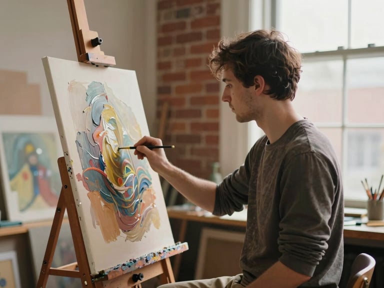 Medium environmental portrait of an artist working at a wooden easel in a warm Bankstown studio, soft natural side-light from a large window illuminating rich oil paint textures on canvas, historic brickwork in the soft-focus background.