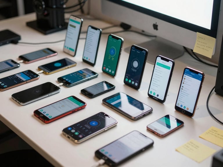 Wide shot of a studio work table covered with a row of Android phones of various sizes and brands all showing app testing screens, overhead diffused light, cables and sticky notes visible at edges, unsentimental documentation feel