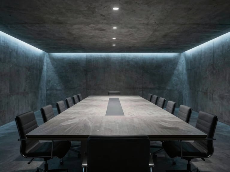 Ultra-wide cinematic shot of a minimalist concrete boardroom, dramatic low-key lighting with cool blue rim lights, expansive negative space