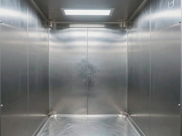 Symmetrical interior view of a clean, empty stainless steel medical cargo container, sterile white clinical lighting, reflecting precise structural ribbing and temperature probes.