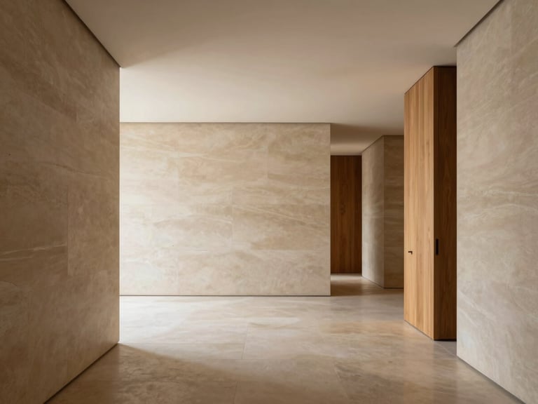 Minimalist architectural interior of the Los Angeles studio, raw stone surfaces, warm oak details, soft gallery lighting