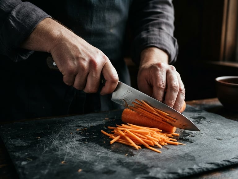 Macro close-up of a chef's hands executing a precise julienne cut on raw root vegetables, sharp knife blade catching dramatic side-lit window light, dark slate background, rich textures, 35mm.