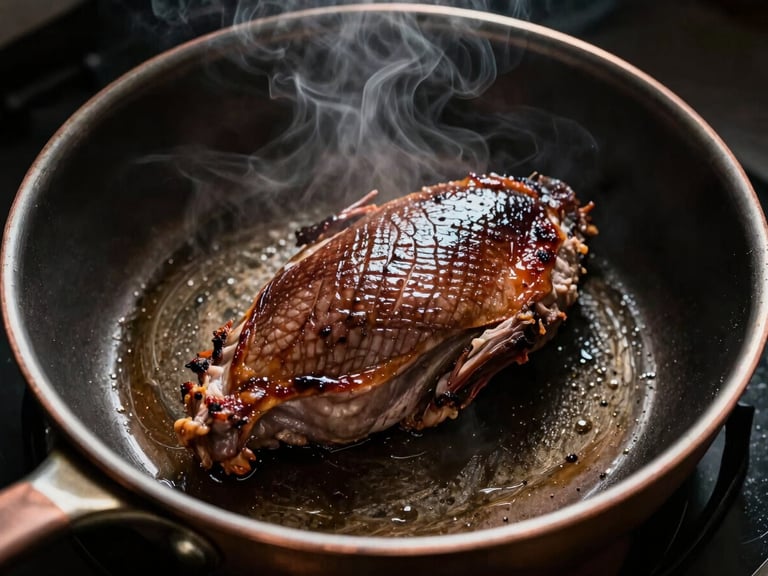 Overhead view of a copper pan searing a duck breast, steam rising dramatically, dark moody lighting, high contrast, 35mm