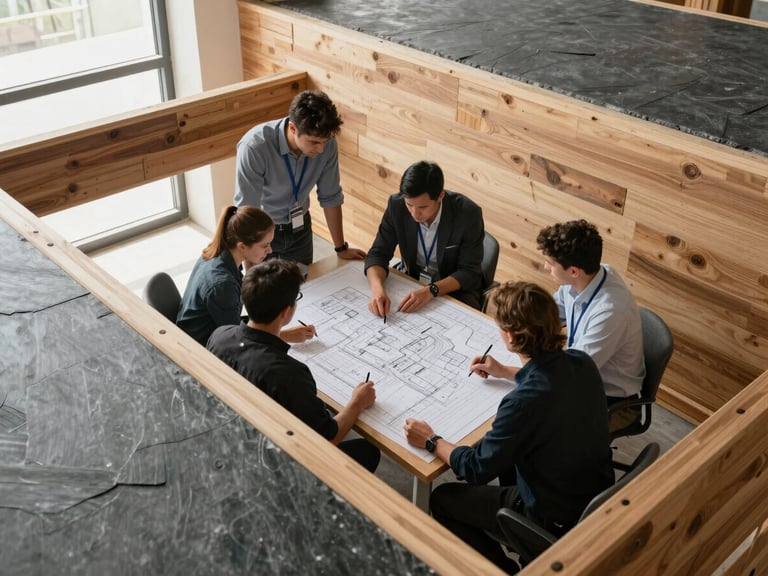 Team members in a modern construction office collaborating around a large digital plan, natural daylight, industrial slate and warm wood tones, sharp focus, architectural framing, 35mm