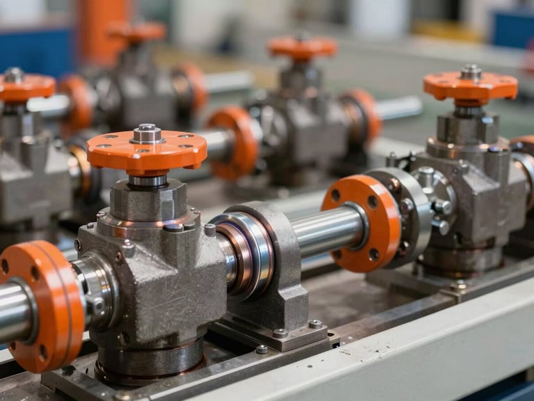 Crisp industrial close-up of heavy-duty steel welds and hydraulic valves on material handling equipment, sharp focus, metallic and safety orange accents