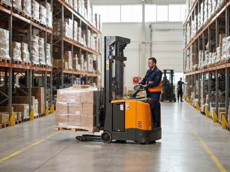 Crisp industrial photography of a heavy-duty electric pallet stacker in a modern warehouse, bright daylight, safety orange and clean metallic tones, sharp focus, 35mm