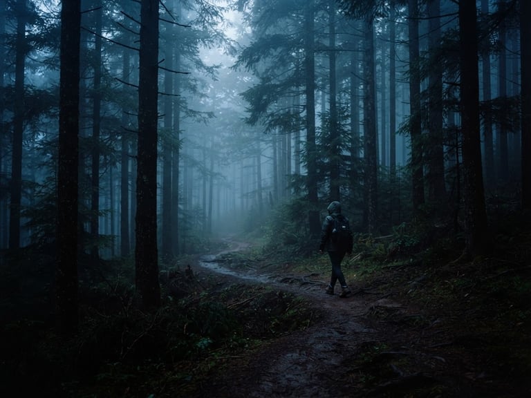 Cinematic 35mm anamorphic wide shot of a lone figure walking through a misty pine forest at twilight, cool blue tones, rich shadows, soft natural mist