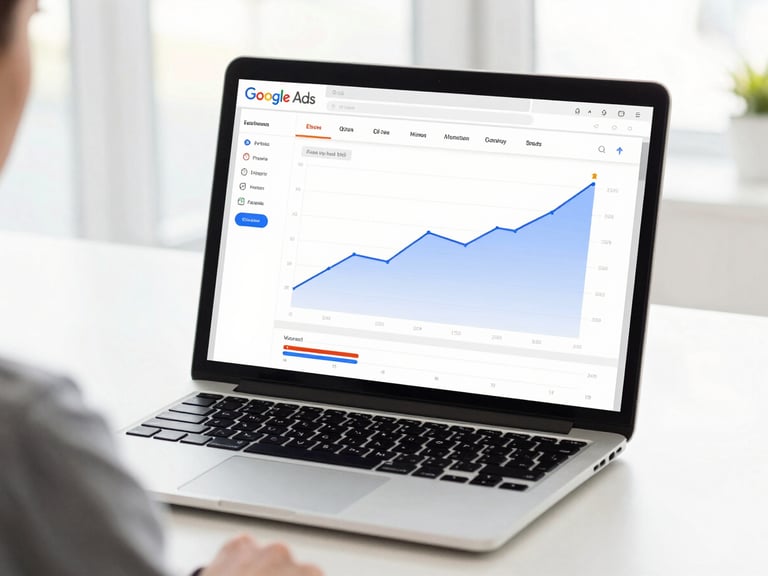 Over-the-shoulder shot of a clean modern laptop screen displaying real-time Google Ads dashboard with upward trend lines, bright high-key white background, natural office daylight