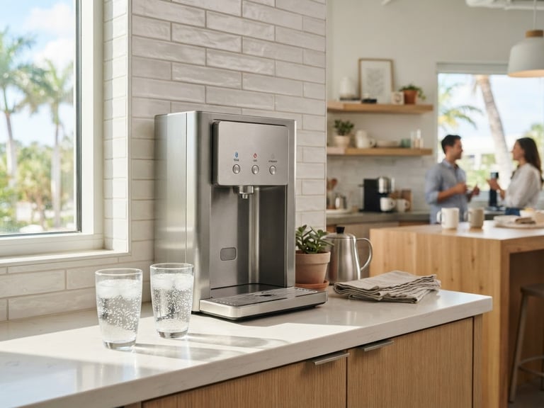 Sleek stainless steel water dispenser integrated into a modern sunlit office kitchen, condensation on clean glassware, bright Florida sunlight, 35mm lens