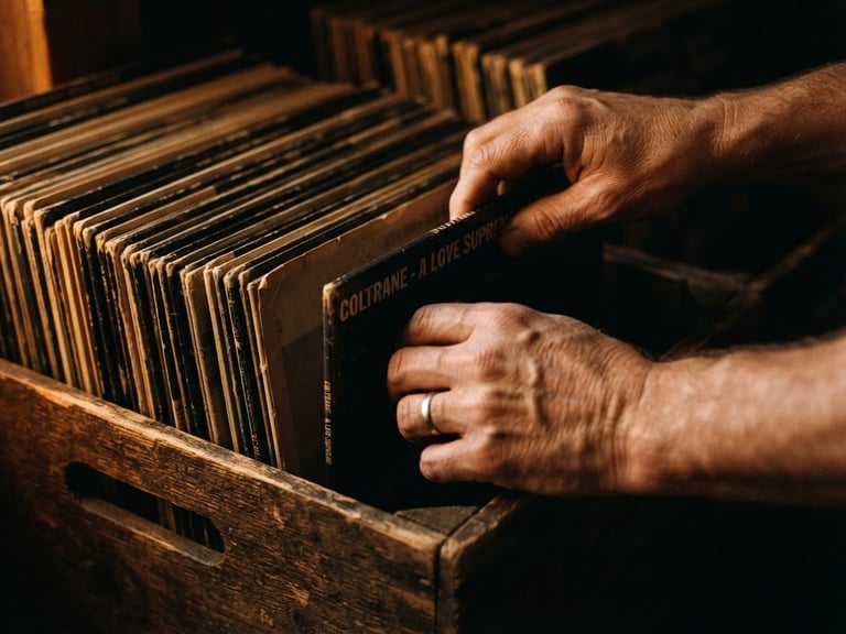 Macro close-up of hands flipping through vintage vinyl records in a wooden crate, warm tungsten side-lighting, rich dark tones with amber highlights, 35mm film grain.