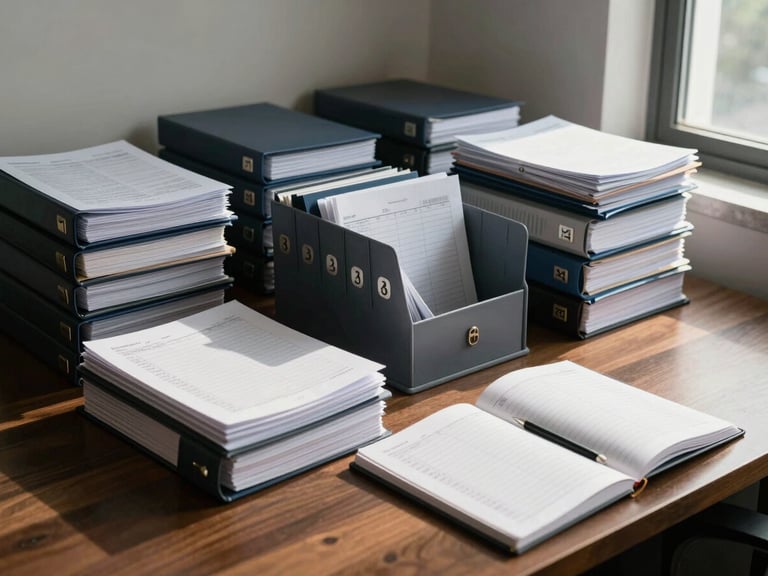 Wide shot of an organized desk with stacked legal folders, numbered dividers visible, a notepad with a columnar list of figures, late-afternoon work-session light from a window to the right