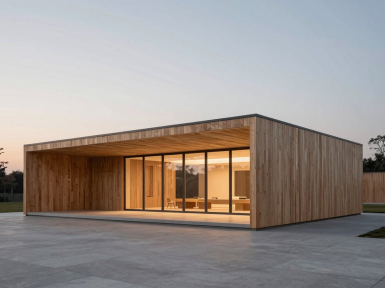Wide architectural shot of a modern timber-clad pavilion at dusk, soft warm ambient light glowing from within, clean lines, serene negative space, medium format.