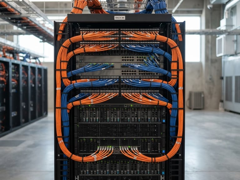 Immaculate enterprise server rack with perfectly combed orange and blue Cat6 cabling, sharp industrial focus, cool slate background, high depth of field.