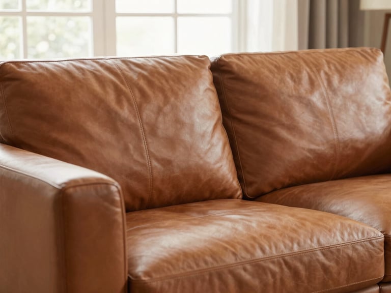 Close-up of a luxurious modern leather sofa in a bright, airy living room, rich tobacco-brown leather texture, warm natural window light, shallow depth of field.