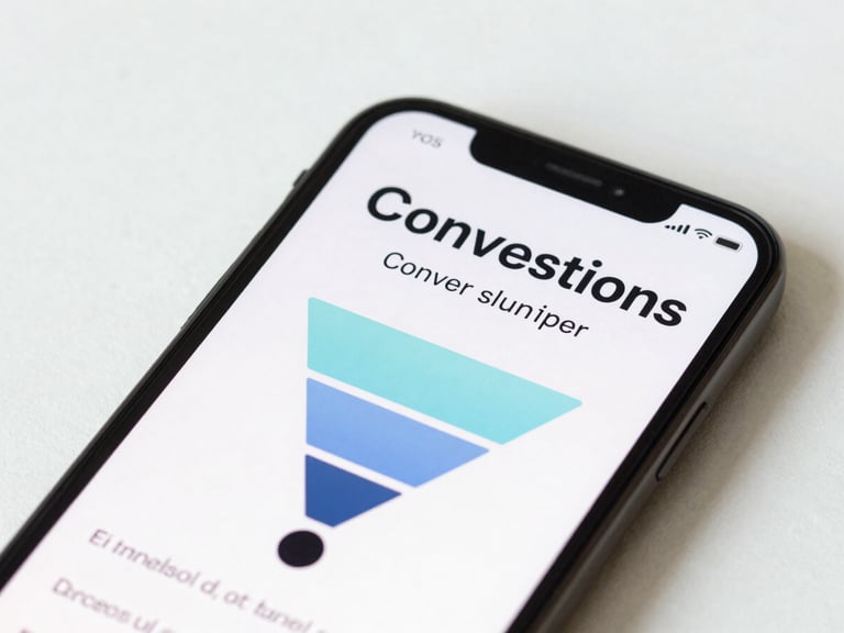 Macro close-up of a smartphone screen displaying a marketing campaign's successful conversion funnel, bright minimalist background, natural daylight