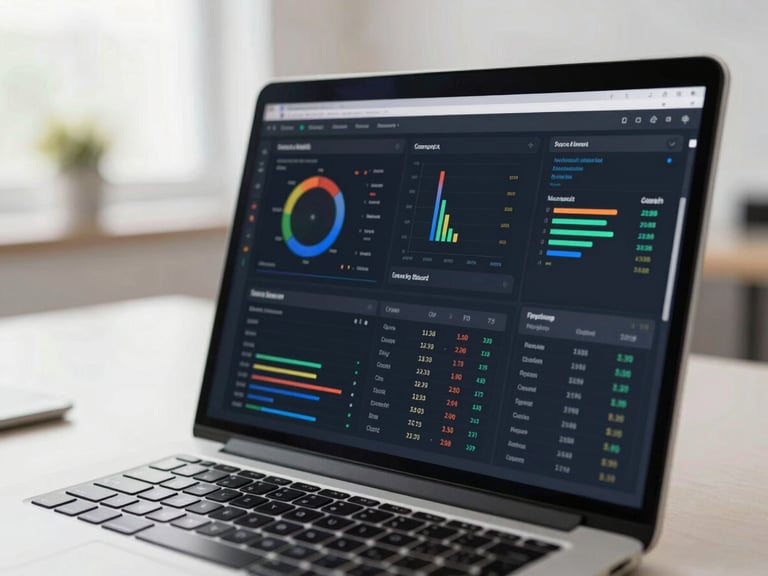 Close-up of a laptop screen displaying complex analytics dashboard with charts and data, natural daylight, crisp focus