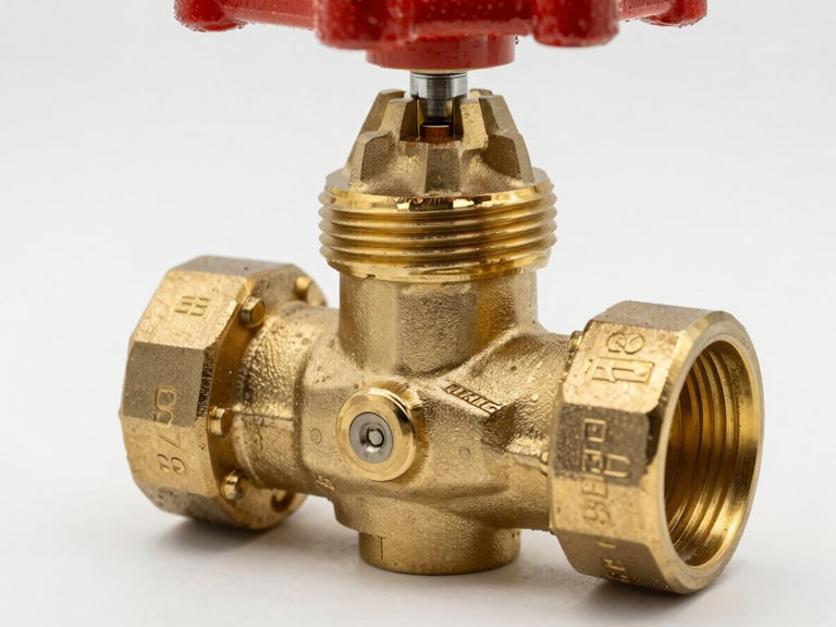 Macro-level crisp studio product photography of a heavy-duty industrial brass gate valve with precise threading and laser-etched certification marks, bright neutral daylight