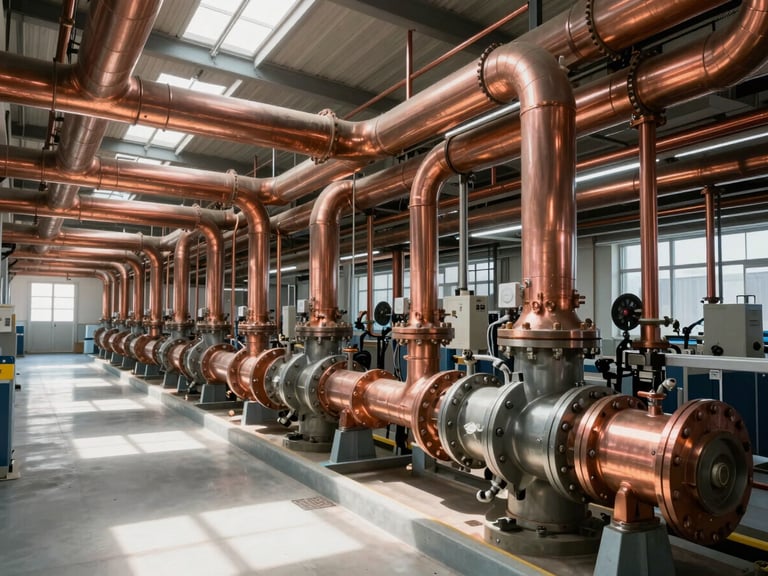 Wide-angle environmental shot of an immaculate, organized mechanical room with perfectly aligned copper piping runs and commercial manifolds, bright warehouse daylight.
