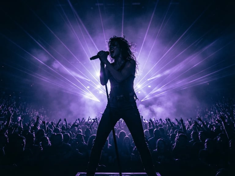 Low-angle heroic stage shot of a lead singer backlit by intense violet lasers, crowd silhouettes in deep navy shadows, dynamic concert photography.