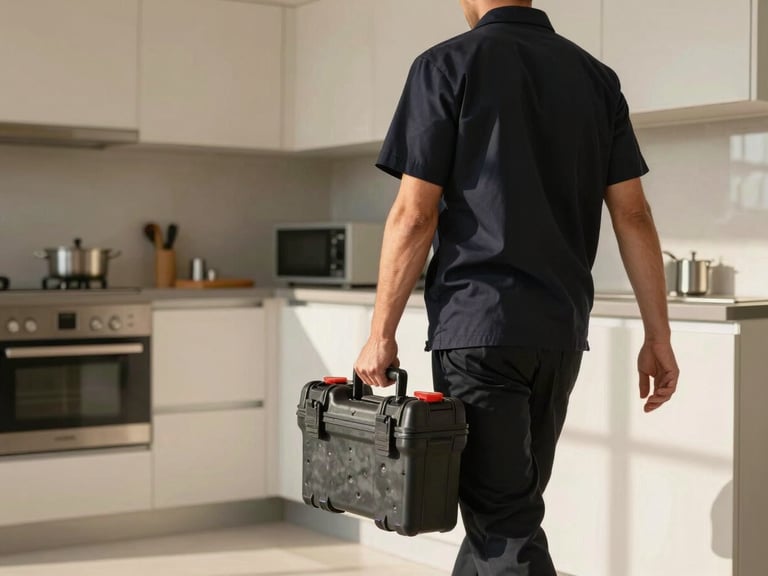 A clean, modern kitchen interior in Abu Dhabi, a professional technician in a neat dark uniform carrying a structured tool case, warm natural light