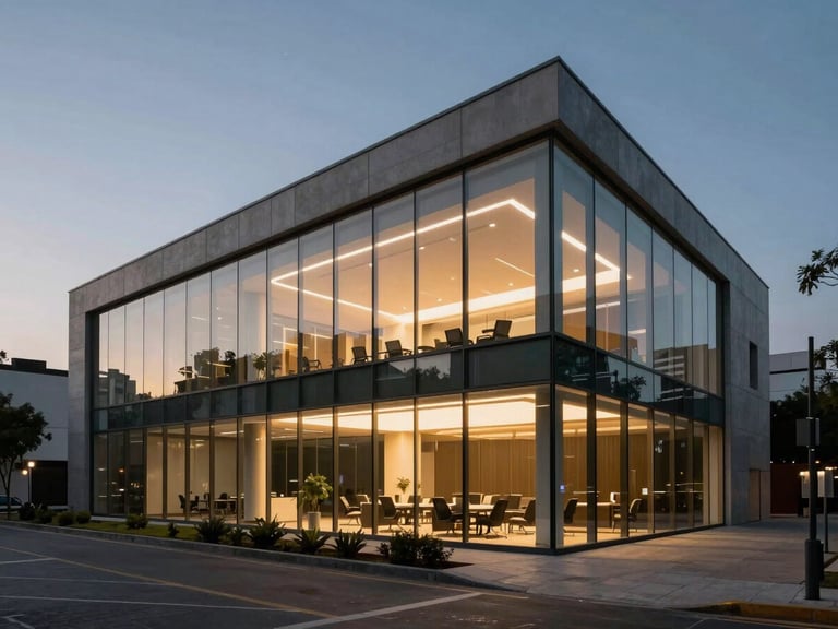 Cinematic landscape. A modern, minimalist corporate office in Mexico City at dusk, sharp architectural lines, subtle golden interior lighting visible through glass walls.