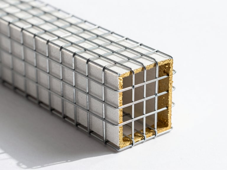 Macro architectural shot of 3D panel steel wire mesh wrapping a structural EPS core, high-contrast studio lighting, gold accents, crisp structural details, 35mm