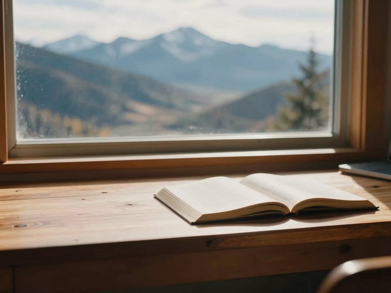 Wide panoramic shot of a quiet mountain workspace in McCall, Idaho, with a clean wooden desk, open books, and soft morning sunlight streaming through a window, warm editorial photography style