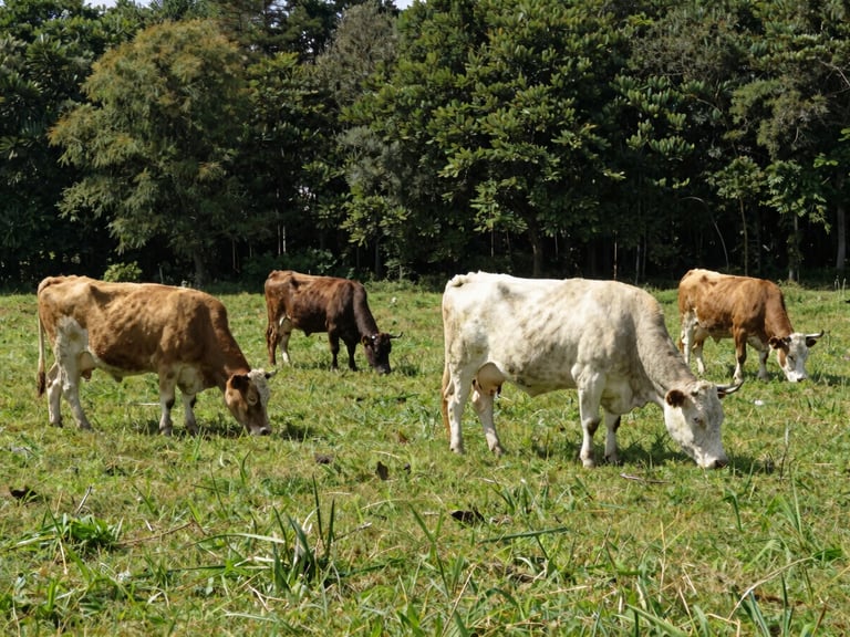 Wide-angle shot of healthy cattle grazing in a clean pasture, bright natural daylight, subtle forest green tones, sharp focus, 35mm