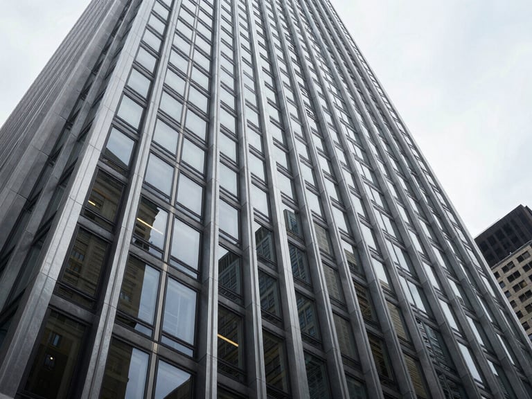 Low-angle architectural crop of a modernist steel and glass skyscraper facade in Midtown Manhattan, sharp overcast daylight, deep shadows, clean geometric lines.