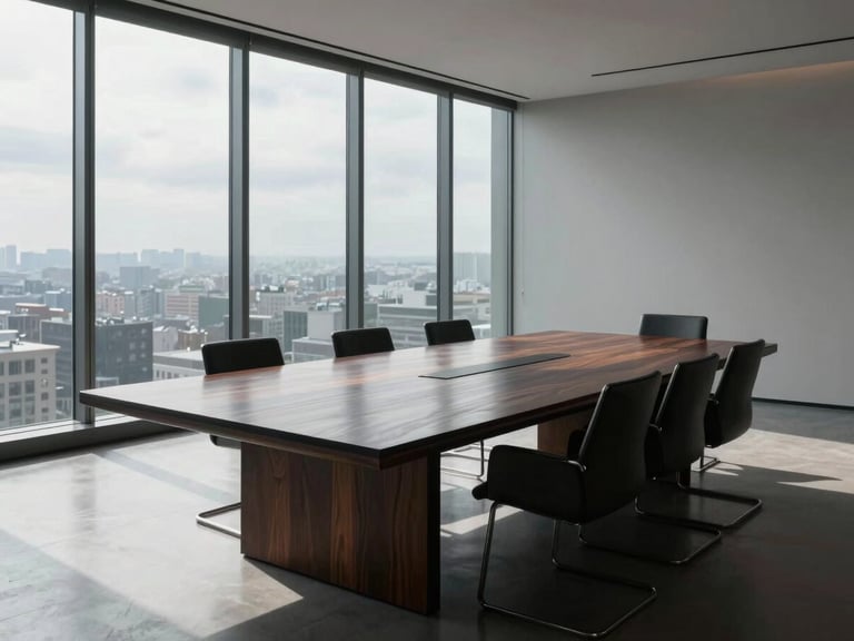 Minimalist interior of an empty high-end boardroom, sharp shadows, polished dark wood table reflecting cool overcast daylight from floor-to-ceiling windows.