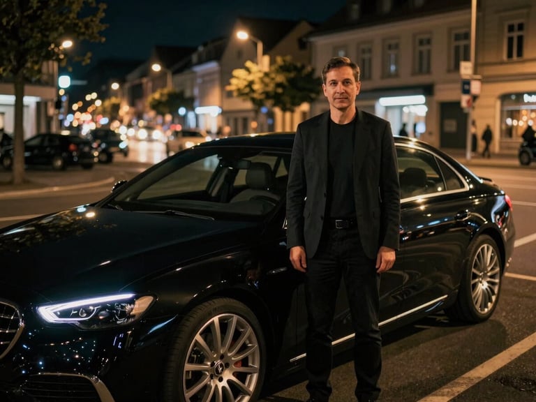 Professional driver in clean, dark attire standing beside a modern black luxury sedan, blurred city lights of Aarau at night in the background, cinematic street-light reflections, 35mm