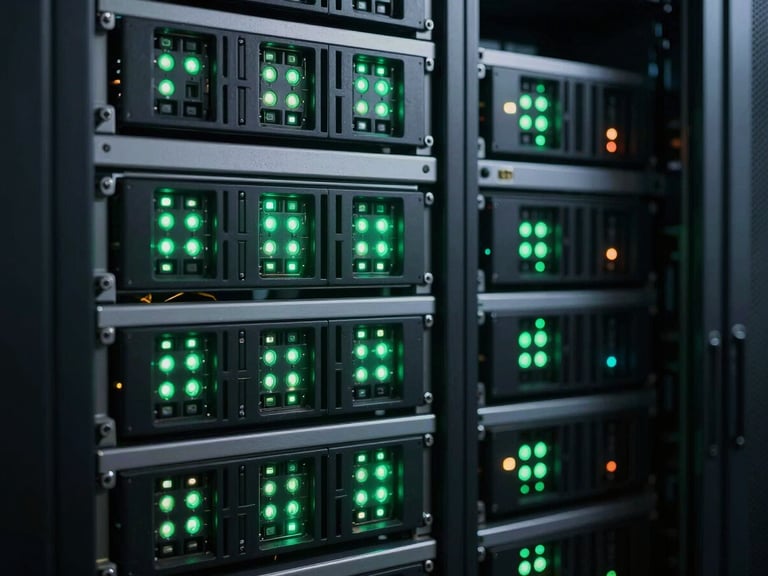 Macro technical photography of an immaculately organized enterprise server rack, sharp emerald status lights blinking, cool dark ambient lighting, high-contrast technical precision.