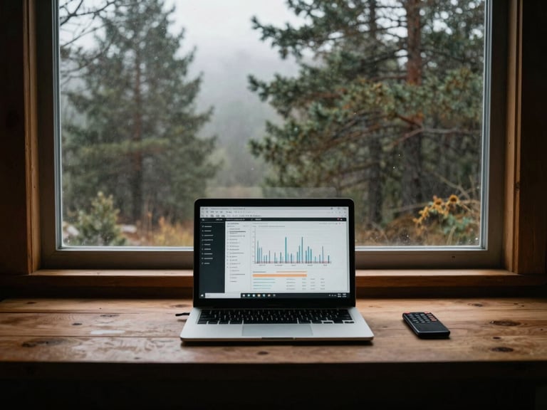 Remote workspace with a wooden desk and a laptop showing charts, looking out a cabin window at misty pine forests, moody lighting