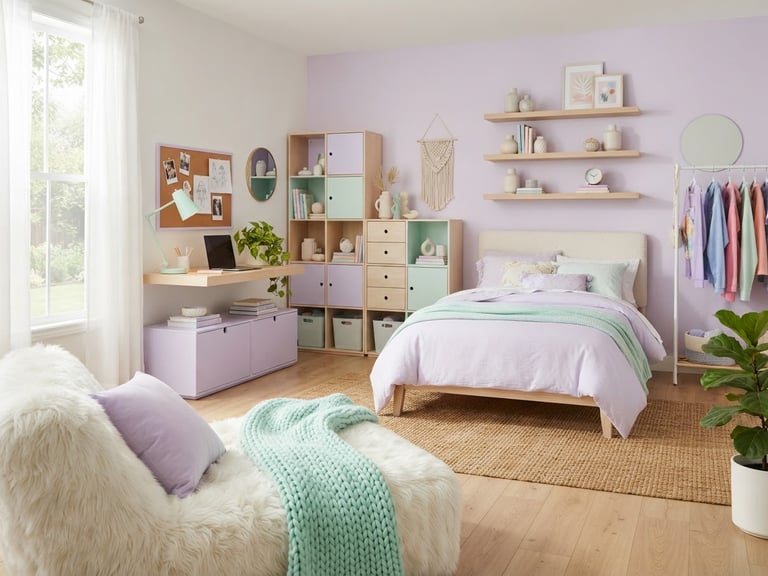 Teen bedroom styled with Nest Modular furniture, soft diffused daylight, pastel lavender and mint tones, light natural wood desk and floating shelves, a cozy faux fur lounger in the foreground, clean composition, 35mm lens