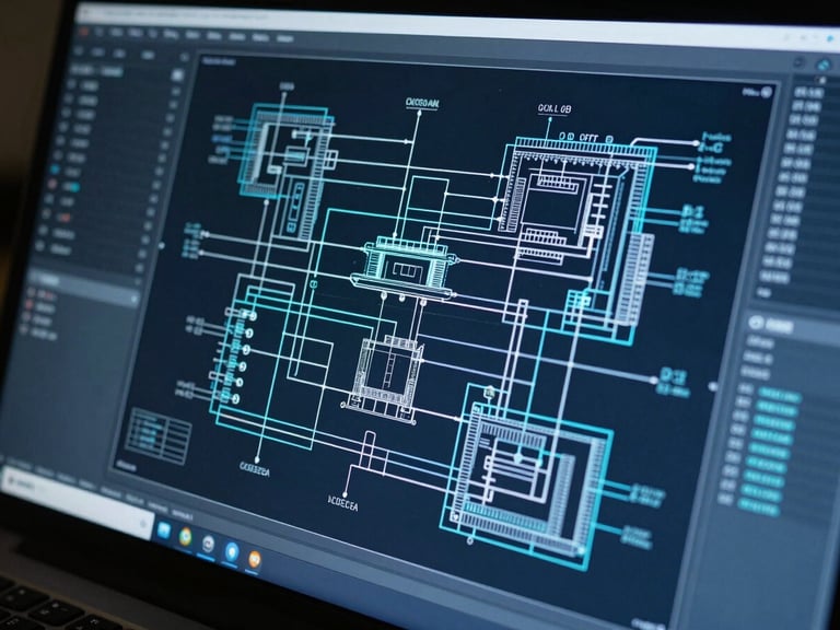 Architectural blueprint of a complex network schematic displayed on a high-end workstation screen, cool blue tones, sharp focus