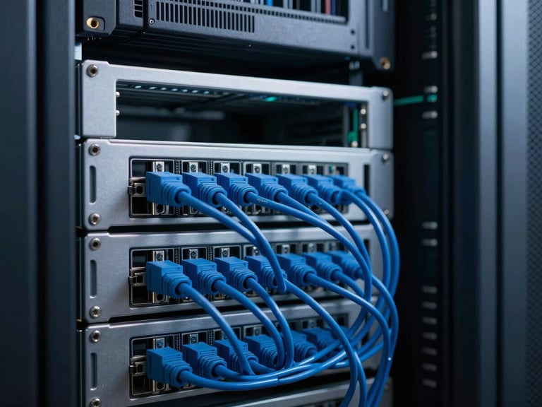 Cool-toned architectural photography of clean server racks with precise blue cabling, macro depth of field, sharp low-key technical lighting