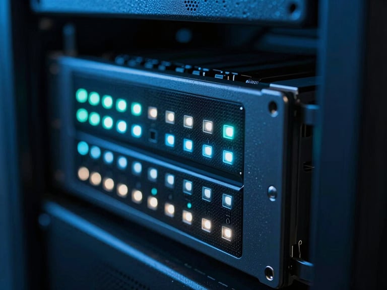 Close-up of modern server hardware with glowing status LEDs, low-key dramatic lighting, deep blue and teal tones