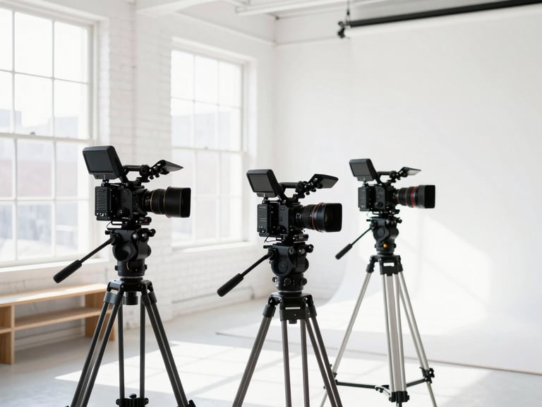 Bright sun-drenched Brooklyn production studio with high-end camera rigs on tripods, clean white brick walls, natural window light, 35mm lens