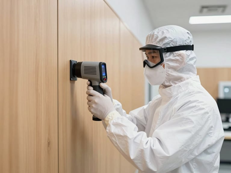 A professional technician wearing a clean white uniform and protective gear, using a high-precision thermal imaging camera on a wooden wall panel, bright sterile lighting, daylight-balanced.