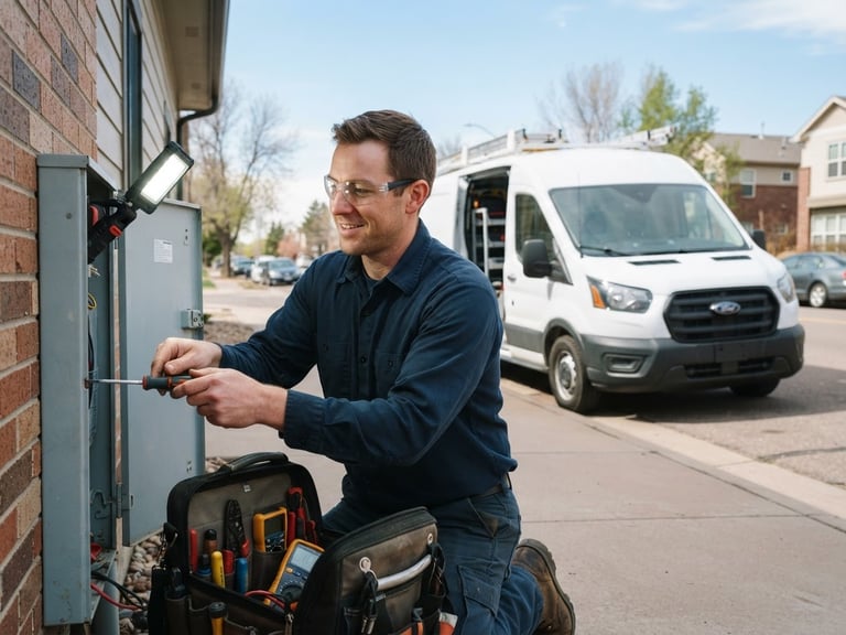 Local Denver technician with tools, illuminated by bright utility light, clean service van visible in background, 35mm lens, crisp commercial photography