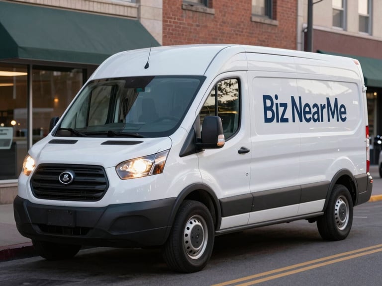 A clean, modern service van with Biz Near Me branding parked on a Denver street at dusk, its headlights on, conveying readiness. Crisp commercial photography.