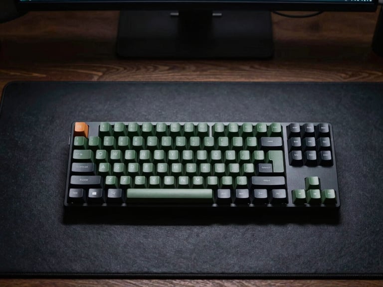 minimalist flat-lay of a developer workspace with a mechanical keyboard and dark slate desk mat, cool dim studio lighting, sharp focus