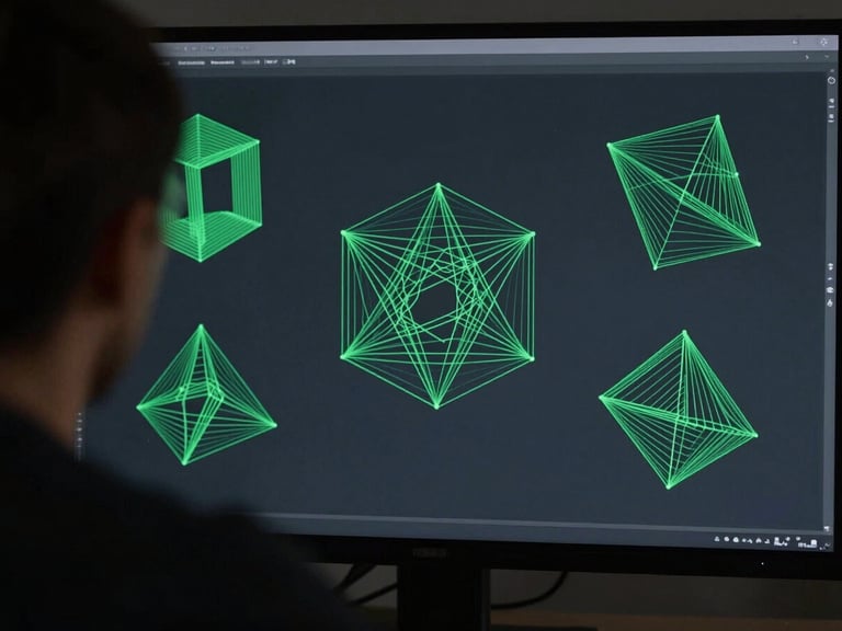 over-the-shoulder perspective of a developer working on abstract geometric wireframes, deep slate and forest green accents, dim studio lighting