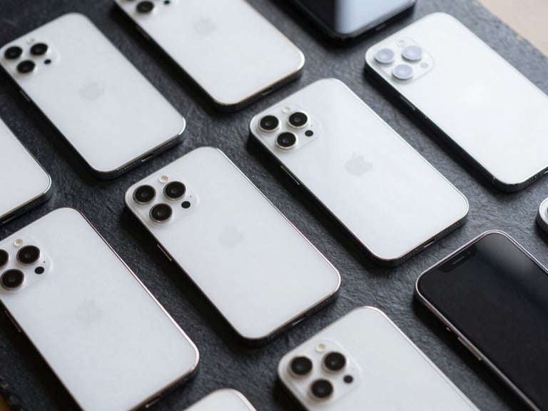 Top-down flat lay of pristine refurbished smartphones neatly arranged on a dark slate workbench under cool bright technical light
