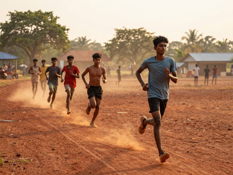 Young Tamil youth athletes running on a red dirt track, captured mid-stride during golden hour. Dust kicking up, warm sunlight, authentic sports documentary style.