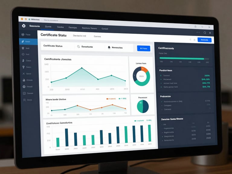 A crisp, high-fidelity UI mockup of a security dashboard displaying certificate status charts, renewal timelines, and domain health metrics.