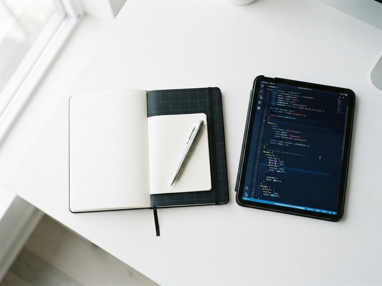 Overhead flat-lay of a minimalist white desk with a black notebook, a silver mechanical pencil, and a tablet displaying a clean code editor, bright natural light, electric blue accents.