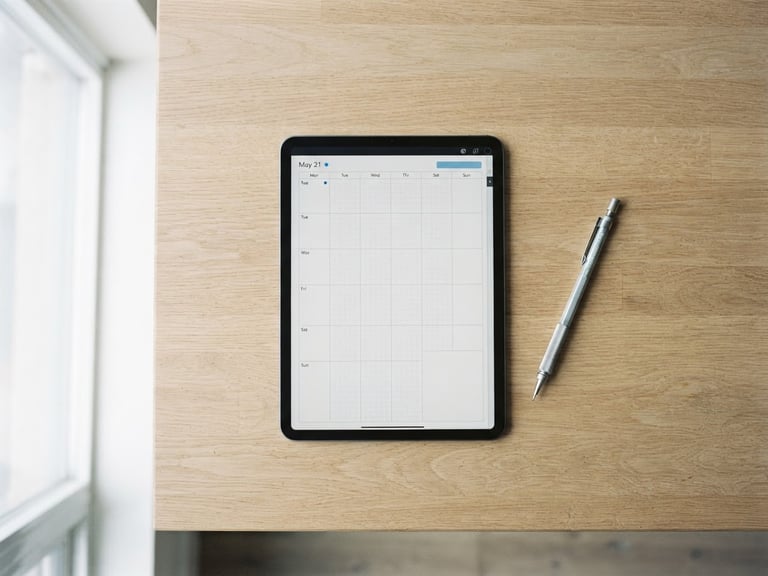 Overhead flat-lay of a minimalist wooden desk, a clean digital planner open on a tablet screen, a mechanical pencil, soft natural light from the side, desaturated tones with a single blue accent, 35mm