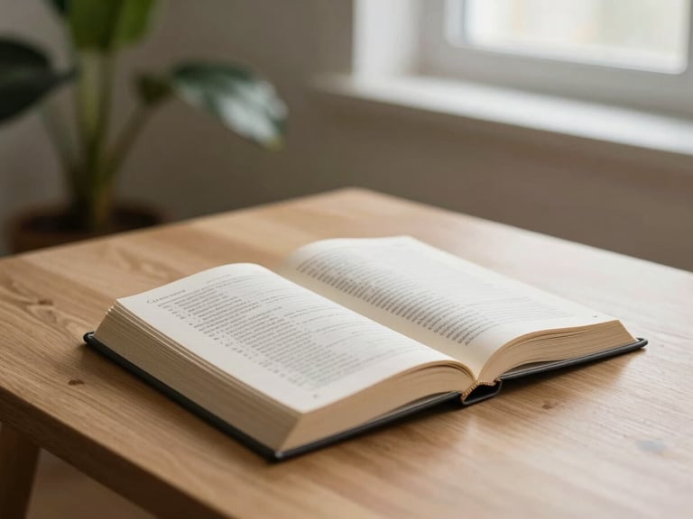 Open Christian book with a structured reading plan on a minimalist wooden desk, soft morning light, a green plant in the background, shallow depth of field.